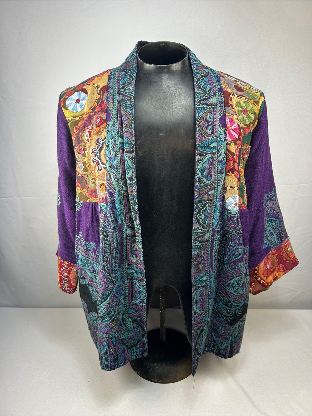 Soft Surroundings Purple Embroidered Patchwork Open Cardigan Jacket